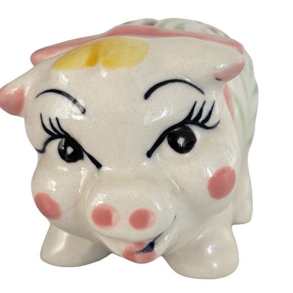 VTG Kitch Hand Painted Ceramic Piggy Coin Bank Floral Japan Mid Century Modern - Picture 2 of 15